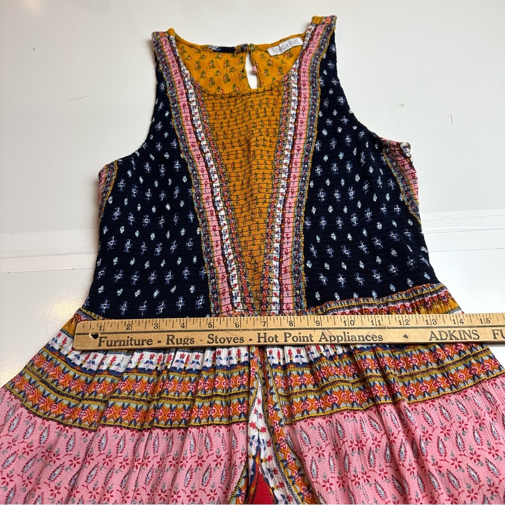 Patrons of Peace Patchwork Boho Mini Dress |Festival Prairie Cottagecore Rayon S - Picture 8 of 13